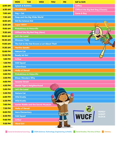 Wucf schedule - Friday, January 19th TV listings for PBS Kids (WUCF-TV3) Orlando, FL. Your Time Zone: 6:00 AM. Clifford the Big Red Dog An End by Every Friend; Bailey's Starry Night! Emily Elizabeth and her friends create a perfect ending to a book for story time; Clifford is excited to have a sleepover with Bailey. 6:30 AM.